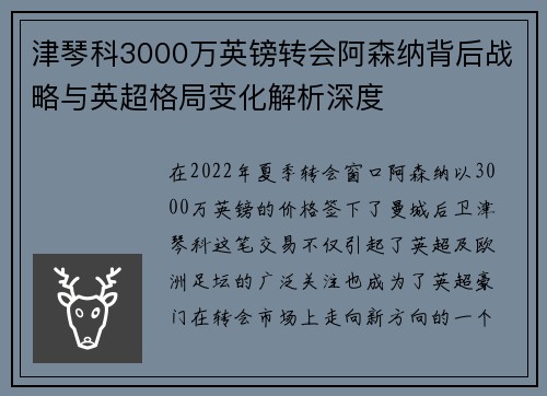 津琴科3000万英镑转会阿森纳背后战略与英超格局变化解析深度