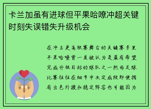 卡兰加虽有进球但平果哈嘹冲超关键时刻失误错失升级机会 卡兰加虽有进球但平果哈嘹冲超关键时刻失误错失升级机会